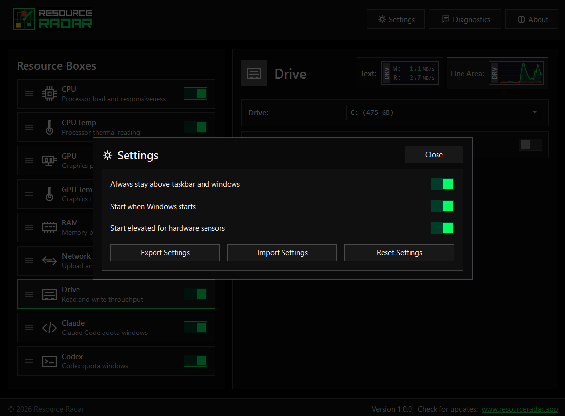 Resource Radar settings dialog with always-on-top, start with Windows and run elevated options.