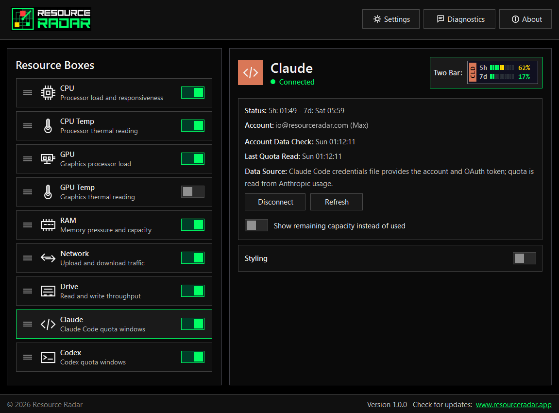 Resource Radar settings showing the connected Claude provider with 5-hour and 7-day usage and reset times.