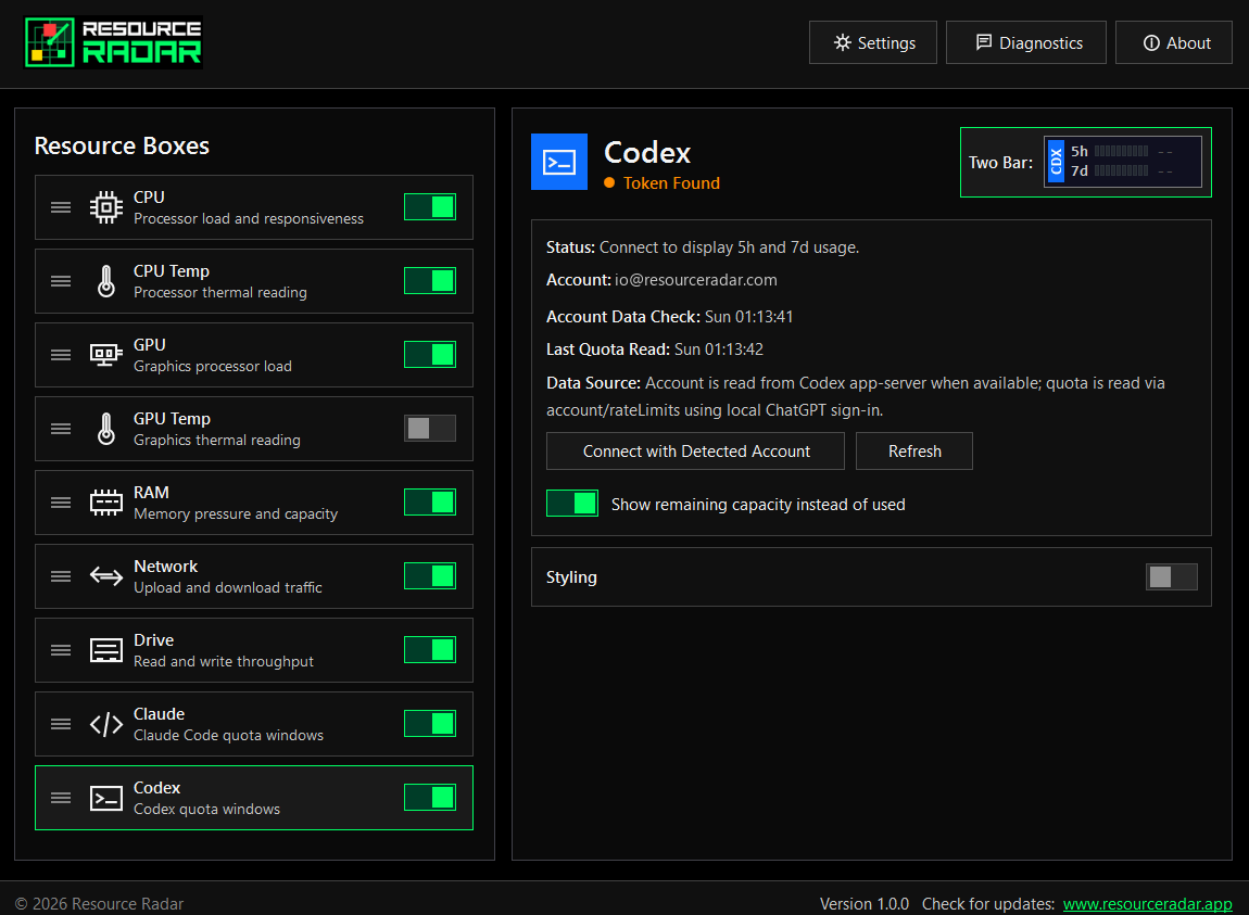 Resource Radar Codex panel showing the detected account with a connect action for the 5-hour and weekly quota windows.