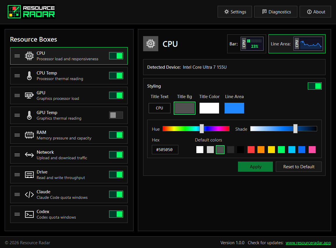 Resource Radar CPU box settings with the styling panel, hue and shade pickers and a live preview.