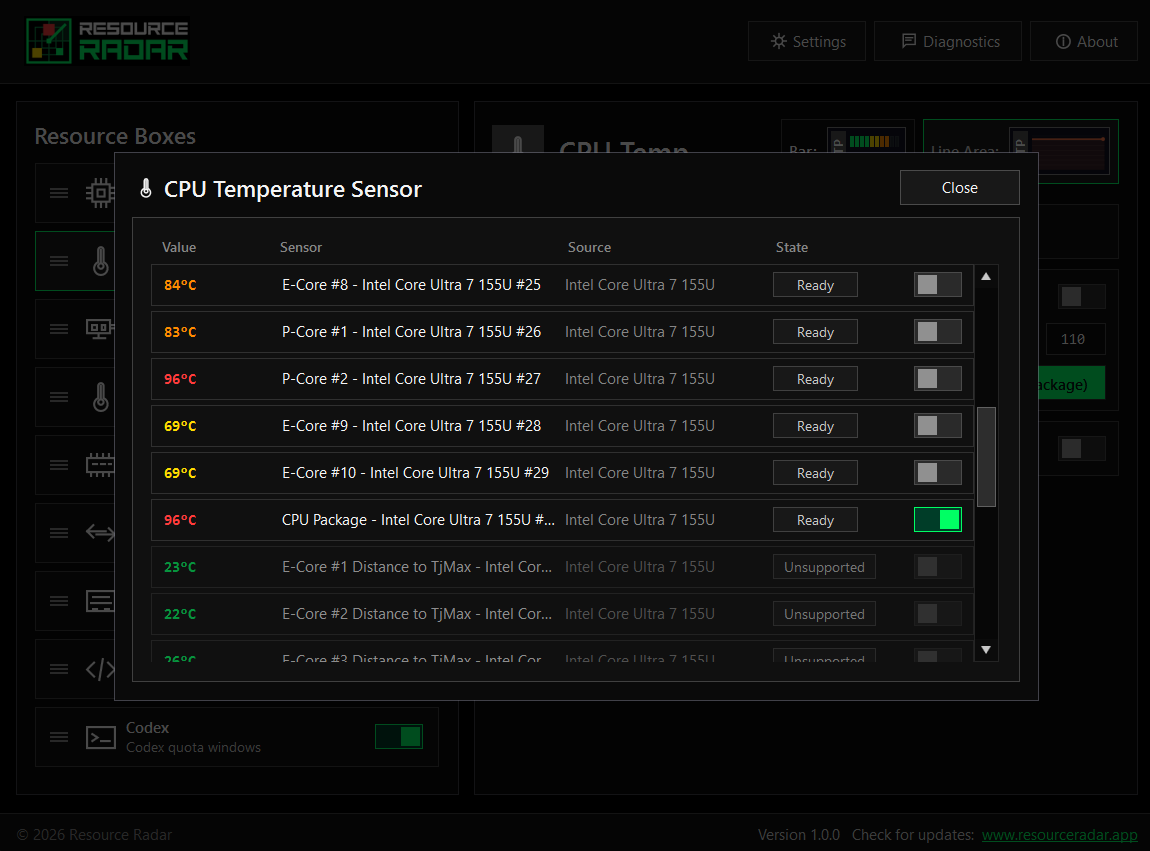 Resource Radar CPU temperature sensor picker listing live per-core readings with their sources and states.