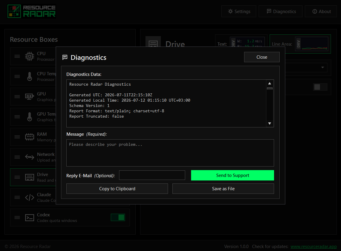 Resource Radar diagnostics dialog showing a human-readable, opt-in report.