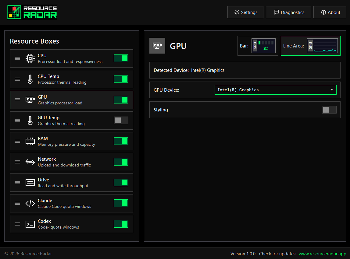 Resource Radar GPU settings with the detected graphics device and the GPU device selector.